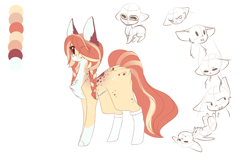Size: 1024x657 | Tagged: safe, artist:little-sketches, oc, oc only, oc:hachimitsu, butt fluff, chest fluff, clothing, female, hair over one eye, huge ears, pale belly, pinto, reference sheet, socks, socks (coat marking), solo