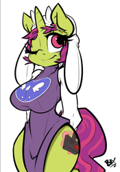 Size: 606x866 | Tagged: safe, artist:bbsartboutique, oc, oc only, oc:arcade fever, species:anthro, species:pony, species:unicorn, big breasts, breasts, clothing, cosplay, costume, futanari, horn, intersex, one eye closed, simple background, solo, toriel, undertale, white background, wink