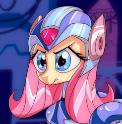 Size: 6047x6152 | Tagged: safe, artist:docwario, character:fluttershy, species:pegasus, species:pony, absurd resolution, armor, bust, crossover, female, helmet, mare, megaman, megaman x, megamare, portrait, solo, wide eyes