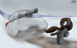 Size: 2627x1636 | Tagged: safe, artist:the-furry-railfan, oc, oc only, oc:pressure cooker, species:earth pony, species:pony, cannon, clothing, dirt road, female, inflatable, jacket, looking up, mare, maus, oh crap, panic, snow, solo, story included, tank (vehicle), this will end in tears and/or death, this will not end well