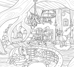 Size: 8800x8000 | Tagged: safe, artist:docwario, character:angel bunny, character:fluttershy, oc, oc:willowtree, species:deer, species:pony, absurd resolution, book, bookshelf, candle, canon x oc, chair, chandelier, fireplace, lineart, monochrome
