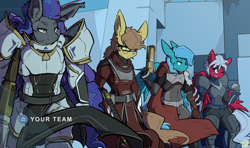 Size: 3000x1773 | Tagged: safe, artist:bbsartboutique, oc, oc only, oc:amity, oc:dusty, oc:helios aster, oc:melon frost, species:anthro, armor, destiny (game), destiny 2 (game), gun, weapon