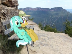 Size: 800x598 | Tagged: safe, artist:didgereethebrony, character:daring do, character:lyra heartstrings, australia, bench, blue mountains, chair, cliff, cliff walk, cliffs, irl, katoomba, meme, photo, plateau, ponies in real life, seat, sitting, sitting lyra