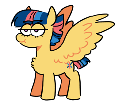 Size: 743x644 | Tagged: safe, artist:kianamai, oc, oc only, oc:starburst, parent:flash sentry, parent:twilight sparkle, parents:flashlight, species:pegasus, species:pony, kilalaverse, :t, chest fluff, female, lidded eyes, mare, next generation, offspring, simple background, smiling, smirk, solo, spread wings, white background, wing fluff, wings