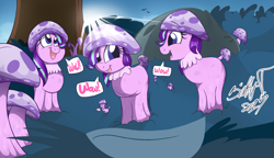 Size: 3114x1795 | Tagged: safe, artist:binkyt11, artist:dragonpone, derpibooru original, edit, character:starlight glimmer, species:bird, adorawat, blushing, bush, color edit, colored, crepuscular rays, cute, dialogue, fungus, glimmerbetes, glumshroom, happy, looking at each other, looking up, meme, micro, multeity, mushroom, mushroom pony, open mouth, original species, rock, size difference, smiling, speech bubble, starlight cluster, sun, tree, wat, wow, wow! glimmer