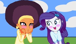 Size: 1174x681 | Tagged: safe, artist:ktd1993, character:rarity, character:saffron masala, my little pony:equestria girls, afro, awesome face, blushing, equestria girls-ified, female, lesbian, raffron, shipping