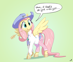Size: 7600x6400 | Tagged: safe, artist:docwario, character:fluttershy, species:pegasus, species:pony, g4, absurd resolution, accent, belt, bolo tie, clothing, cowboy hat, cute, dialogue, female, gradient background, hat, head turn, mare, open mouth, pants, pocket, realistic horse legs, shirt, shyabetes, solo, speech bubble, spread wings, straw in mouth, talking, unshorn fetlocks, wings, y'all
