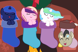 Size: 3600x2400 | Tagged: safe, artist:beavernator, character:discord, character:princess cadance, character:princess celestia, character:princess luna, species:pony, cewestia, christmas, cute, cutedance, dawwww, discord being discord, discute, eyes closed, filly, happy, hnnng, open mouth, smiling, woona