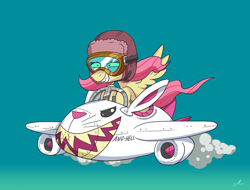 Size: 7600x5782 | Tagged: safe, artist:docwario, character:angel bunny, character:fluttershy, absurd resolution, flying, goggles, grin, inanimate tf, jet, jet fighter, p-40 warhawk, pilot, plane, sky, smiling, smoke, transformation