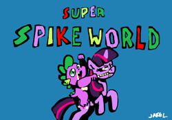 Size: 997x695 | Tagged: safe, artist:docwario, character:spike, character:twilight sparkle, species:dragon, species:pony, crossover, dragons riding ponies, parody, riding, simple background, super mario bros., super mario world, title screen, unamused