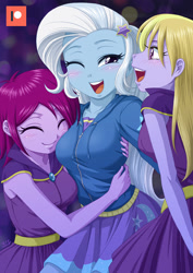 Size: 707x1000 | Tagged: safe, artist:uotapo, character:fuchsia blush, character:lavender lace, character:trixie, equestria girls:rainbow rocks, g4, my little pony: equestria girls, my little pony:equestria girls, background human, blushing, breasts, busty trixie, clothing, cute, diatrixes, eyes closed, female, friendshipping, hairpin, hoodie, hug, one eye closed, open mouth, patreon, patreon logo, skirt, smiling, trio, trixie and the illusions, trixie gets all the mares, wink, zipper