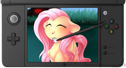 Size: 1427x774 | Tagged: safe, artist:scarlet-spectrum, character:fluttershy, species:pony, 3ds, blushing, crossover, cute, dawwww, eyes closed, female, floppy ears, gamefreak, heart, hnnng, nintendo, petting, pokemon refresh, pokémon, pokémon sun and moon, scarlet-spectrum is trying to murder us, shyabetes, solo, stylus, weapons-grade cute