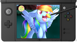 Size: 1427x774 | Tagged: safe, artist:scarlet-spectrum, character:rainbow dash, species:pegasus, species:pony, 3ds, crossover, cute, dashabetes, eye clipping through hair, feeding, female, heart, mare, new 3ds, nintendo ds, open mouth, pokemon refresh, pokémon, pokémon sun and moon, rainbow bean, raised hoof, solo, spread wings, stylus, tongue out, wings