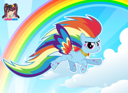 Size: 750x550 | Tagged: safe, artist:user15432, character:rainbow dash, species:pegasus, species:pony, cloud, colored wings, element of harmony, element of loyalty, hasbro, hasbro studios, jewelry, multicolored wings, necklace, rainbow, rainbow hair, rainbow power, rainbow power-ified, rainbow tail, rainbow wings, starsue