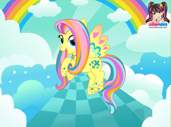 Size: 773x571 | Tagged: safe, artist:user15432, character:fluttershy, species:pegasus, species:pony, cloud, colored wings, hasbro, hasbro studios, jewelry, multicolored wings, necklace, rainbow, rainbow hair, rainbow power, rainbow power-ified, rainbow tail, rainbow wings, starsue