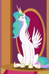 Size: 847x1280 | Tagged: safe, artist:astr0zone, character:princess celestia, clothing, female, impossibly long neck, long neck, necc, princess necklestia, shoes, sitting, solo, swanlestia, throne, wat