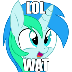 Size: 500x500 | Tagged: safe, artist:cyanlightning, oc, oc only, oc:cyan lightning, species:pony, species:unicorn, bust, clothing, colt, cute, image macro, lol, male, meme, ocbetes, open mouth, reaction image, scarf, simple background, solo, transparent background, wat