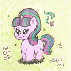 Size: 1024x1024 | Tagged: safe, artist:binkyt11, character:starlight glimmer, species:pony, species:unicorn, beanbrows, chibi, cute, cutie mark, ear fluff, equal cutie mark, equal sign, eyebrows, female, glim glam, glimmerbetes, glitter, green background, mare, s5 starlight, simple background, smol, solo, sparkles, traditional art, wingding eyes