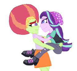 Size: 2000x1849 | Tagged: safe, artist:ktd1993, character:starlight glimmer, character:tree hugger, my little pony:equestria girls, afro, beanie, carrying, clothing, equestria girls-ified, female, hat, lesbian, shipping, simple background, starhugger, transparent background