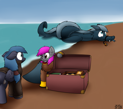 Size: 2570x2263 | Tagged: safe, artist:the-furry-railfan, oc, oc only, oc:crash dive, oc:night strike, species:pegasus, species:pony, species:sea serpent, bait and switch, beach, black eye, broken horn, chipped tooth, clothing, defeated, derp, diving suit, everything went better than expected, fangs, galoshes, globe, grin, happy, hose, jacket, knot, proud, smiling, story included, surprised, tied up, torn clothes, trunk