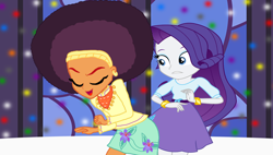 Size: 2250x1280 | Tagged: safe, artist:ktd1993, edit, character:rarity, character:saffron masala, my little pony:equestria girls, afro, butt bump, butt to butt, butt touch, equestria girls-ified, female, lesbian, party, raffron, shipping