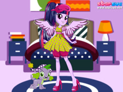 Size: 800x600 | Tagged: safe, artist:user15432, character:spike, character:twilight sparkle, character:twilight sparkle (alicorn), species:alicorn, species:dog, species:human, species:pony, my little pony:equestria girls, bed, bedroom, clothing, dress, dressup, hat, humanized, nightcap, pajamas, ponied up, sleep mask, slippers, slumber party, spike the dog, starsue, winged humanization, wings