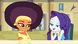 Size: 2000x1132 | Tagged: safe, artist:ktd1993, artist:thebarsection, artist:theshadowstone, edit, character:rarity, character:saffron masala, my little pony:equestria girls, afro, cafeteria, equestria girls-ified, female, flirting, lesbian, raffron, shipping