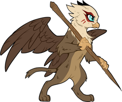 Size: 550x457 | Tagged: safe, artist:hioshiru, oc, oc only, species:griffon, bipedal, female, griffon oc, non-pony oc, simple background, smiling, solo, spear, staff, transparent background, weapon