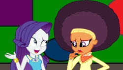 Size: 2000x1139 | Tagged: safe, artist:ktd1993, artist:thebarsection, edit, character:rarity, character:saffron masala, my little pony:equestria girls, afro, conversation, equestria girls-ified, female, lesbian, raffron, shipping