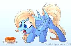 Size: 1024x670 | Tagged: safe, artist:scarlet-spectrum, oc, oc only, oc:lusty symphony, species:pegasus, species:pony, commission, digital art, disgusted, female, floppy ears, food, gradient background, mare, open mouth, pancakes, signature, simple background, solo, ugh