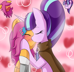 Size: 762x741 | Tagged: safe, artist:jake heritagu, character:scootaloo, character:starlight glimmer, species:pegasus, species:pony, species:unicorn, comic:ask motherly scootaloo, motherly scootaloo, blushing, blushing profusely, cloak, clothing, female, glimmerloo, hairpin, kissing, lesbian, shipping, sweatshirt
