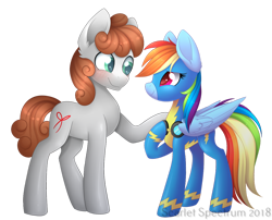 Size: 1308x1058 | Tagged: safe, artist:scarlet-spectrum, character:rainbow dash, oc, oc:dreamer, species:earth pony, species:pegasus, species:pony, blushing, canon x oc, clothing, female, goggles, height difference, looking at each other, mare, multicolored hair, rainmer, raised hoof, simple background, smiling, transparent background, uniform, wonderbolts uniform