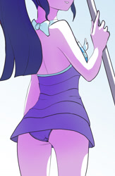 Size: 785x1206 | Tagged: safe, artist:grissaecrim, character:twilight sparkle, character:twilight sparkle (scitwi), species:eqg human, equestria girls:forgotten friendship, g4, my little pony: equestria girls, my little pony:equestria girls, ass, attached skirt, bow swimsuit, breasts, butt, clothing, dress, female, one-piece swimsuit, open-back swimsuit, ponytail, preview, purple swimsuit, sci-twibutt, smiling, solo, striped swimsuit, swimsuit, tricolor swimsuit, twibutt