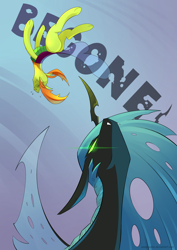 Size: 2480x3507 | Tagged: safe, artist:underpable, character:queen chrysalis, character:thorax, species:changeling, species:reformed changeling, begone thot, changeling king, changeling queen, fangs, female, fight, glowing eyes, glowing eyes meme, green eyes, male, meme, swirly eyes, thorabuse, throwing, underhoof
