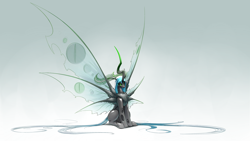 Size: 3840x2160 | Tagged: safe, artist:underpable, character:queen chrysalis, species:changeling, species:mothpony, antagonist, antennae, big wings, changeling queen, cheeselegs, chest fluff, female, glowing eyes, gradient background, horn, long horn, moth, multiple wings, original species, seraph, simple background, sitting, six wings, solo, species swap, white background, wing fluff, wings