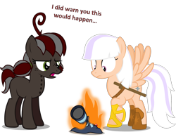 Size: 2236x1748 | Tagged: safe, artist:zacatron94, oc, oc only, oc:squeaky pitch, oc:sweep star, species:earth pony, species:pegasus, species:pony, camera, female, fire, mare, simple background, transparent background, vector