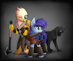 Size: 1024x862 | Tagged: safe, artist:scarlet-spectrum, oc, oc only, oc:blue bat, oc:ember burd, species:dog, species:pony, axe, battle axe, chains, clothing, club, commission, griffon oc, mouth hold, spikes, weapon