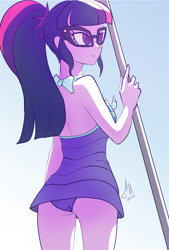 Size: 1033x1530 | Tagged: safe, artist:grissaecrim, character:twilight sparkle, character:twilight sparkle (scitwi), species:eqg human, equestria girls:forgotten friendship, g4, my little pony: equestria girls, my little pony:equestria girls, ass, attached skirt, bow swimsuit, butt, clothing, dress, female, glasses, one-piece swimsuit, open-back swimsuit, ponytail, purple swimsuit, sci-twibutt, solo, striped swimsuit, swimsuit, twibutt, wedgie