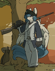 Size: 984x1283 | Tagged: safe, artist:bbsartboutique, oc, oc only, oc:delta dart, species:anthro, species:hippogriff, american revolution, clothing, gun, hat, minuteman, rifle, solo, talons, tree, uniform, weapon