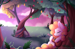 Size: 1024x671 | Tagged: safe, artist:scarlet-spectrum, character:pear butter, species:earth pony, species:pony, episode:the perfect pear, g4, my little pony: friendship is magic, acoustic guitar, apple, apple tree, cloud, eyes closed, female, food, guitar, intertwined trees, mare, night, pear, pear tree, smiling, solo, stars, tree