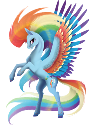 Size: 1832x2480 | Tagged: safe, alternate version, artist:oneiria-fylakas, character:rainbow dash, species:pegasus, species:pony, colored wings, female, mare, multicolored wings, rainbow power, rainbow wings, rearing, simple background, solo, spread wings, transparent background, wings