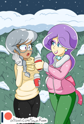 Size: 1293x1916 | Tagged: safe, alternate version, artist:jake heritagu, character:diamond tiara, character:silver spoon, species:human, clothing, coat, colored pupils, glasses, humanized, light skin, moderate dark skin, patreon, patreon logo, pinup, smiling, snow, snowfall, winter outfit