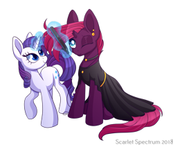 Size: 1339x1120 | Tagged: safe, artist:scarlet-spectrum, character:fizzlepop berrytwist, character:rarity, character:tempest shadow, my little pony: the movie (2017), broken horn, clothing, dress, duo, eye scar, gala dress, hair straightener, magic, mane styling, scar, simple background, telekinesis, transparent background