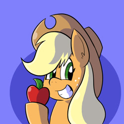 Size: 2400x2400 | Tagged: safe, artist:pembroke, character:applejack, species:earth pony, species:pony, abstract background, apple, female, food, grin, mare, obligatory apple, smiling, solo