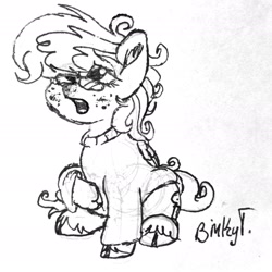 Size: 2024x2024 | Tagged: safe, artist:binkyt11, derpibooru original, oc, oc only, oc:sally peppa, species:pegasus, species:pony, blushing, chibi, clothing, cloven hooves, freckles, monochrome, red nosed, sneezing, solo, sweater, unintentional kinkiness, unshorn fetlocks