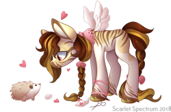 Size: 908x592 | Tagged: safe, artist:scarlet-spectrum, oc, oc only, species:pegasus, species:pony, species:zony, commission, female, hedgehog, hybrid, looking at each other, mare, simple background, smiling, stripes, transparent background