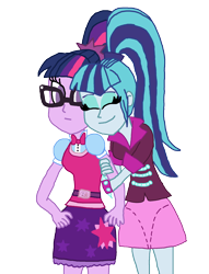 Size: 1600x2095 | Tagged: safe, artist:ktd1993, character:sonata dusk, character:twilight sparkle, character:twilight sparkle (scitwi), species:eqg human, my little pony:equestria girls, clothing, cutie mark on clothes, female, glasses, lesbian, ponytail, sci-twinata, shipping, simple background, skirt, transparent background, twinata