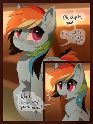 Size: 829x1100 | Tagged: safe, artist:hioshiru, character:quibble pants, character:rainbow dash, species:pegasus, species:pony, comic:tale road, ship:quibbledash, blushing, cheek fluff, chest fluff, comic, cute, dashabetes, dialogue, ear fluff, explicit series, eyelashes, female, fluffy, mare, open mouth, shipping, smiling, solo, speech bubble, straight, train