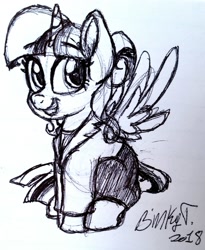 Size: 1712x2089 | Tagged: safe, artist:binkyt11, character:twilight sparkle, character:twilight sparkle (alicorn), species:alicorn, species:pony, alternate hairstyle, blazer, chibi, clothing, female, hair bun, mare, monochrome, pen drawing, sketch, skirt, solo, spread wings, traditional art, uniform, wings