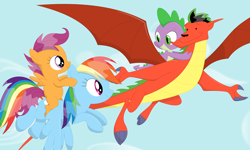 Size: 3524x2121 | Tagged: safe, artist:porygon2z, character:rainbow dash, character:scootaloo, character:spike, species:dragon, species:pegasus, species:pony, american dragon jake long, crossover, dragons riding dragons, female, filly, foal, jake long, male, mare, ponies riding ponies, ride, rider, riding, scootalove, spread wings, wings